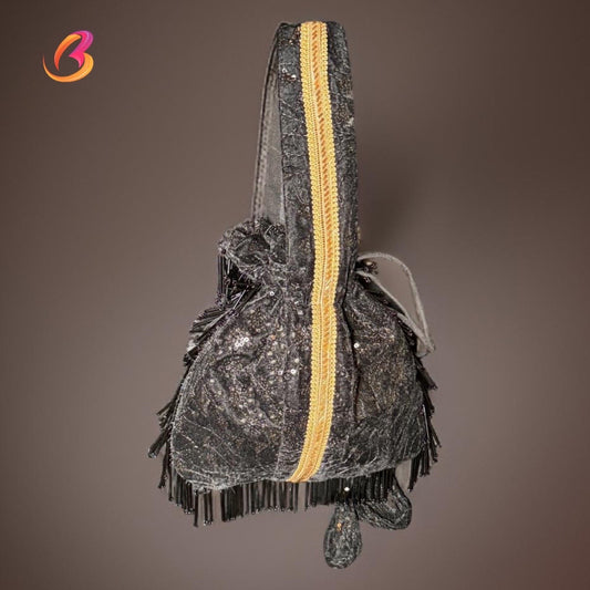 Black Potli Bag with Golden Lace by Potbel